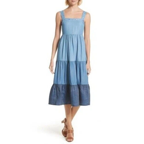 Abito midi Kate Spade Chambray Patio ricamato smocked a strati tencel