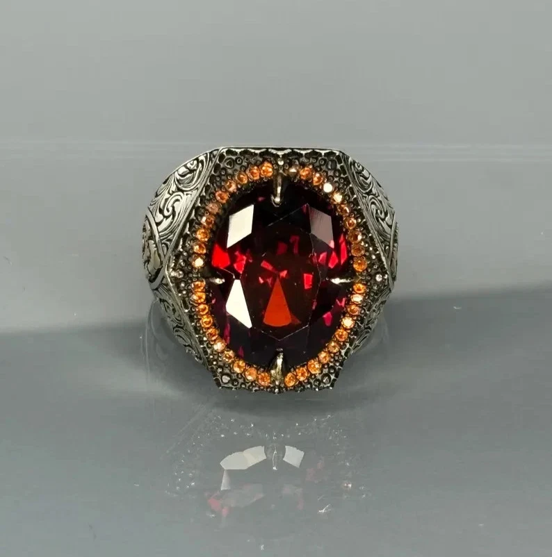 Handmade 925 Sterling Silver Men's Ruby Ring: Ottoman Design - Image 3 of 4