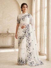 Bollywood Designer Georgette Saree Embroidery Work Scalloped Border Sari Blouse