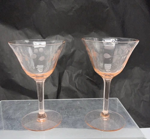Pink Depression Glass Etched Optic Champagne Tall Sherbet Dessert Glasses Vtg
