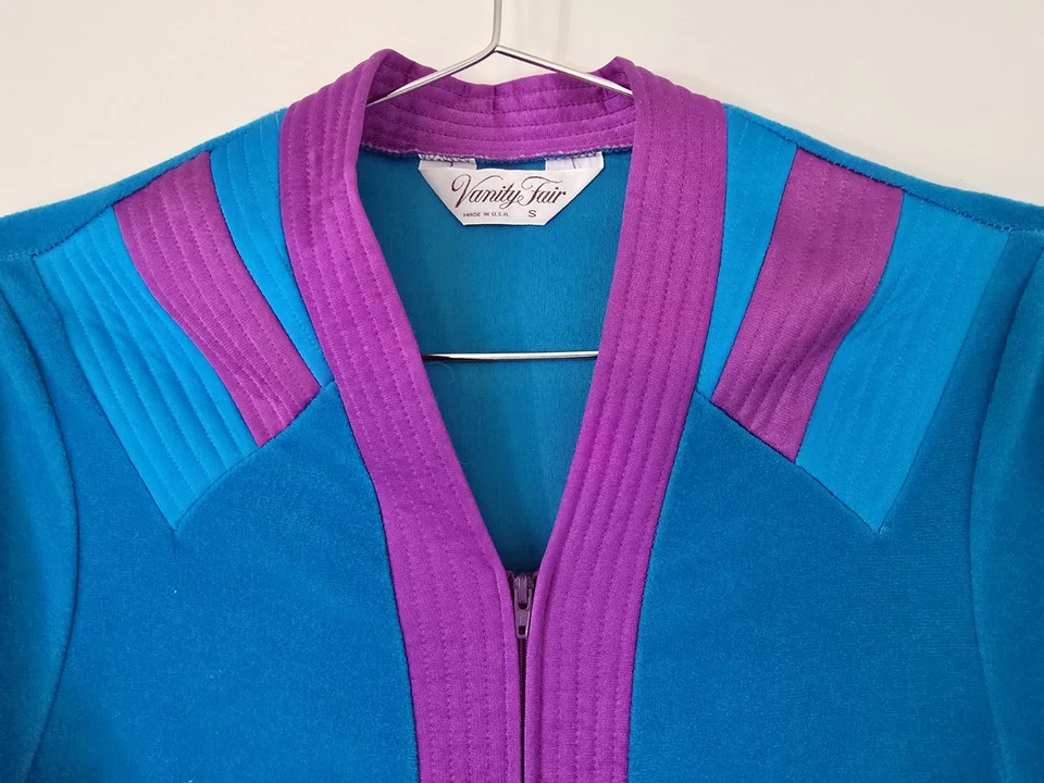 Винтажный Vanity Fair бархата длинный халат молнии дом пальто маленький синий бирюзовый фиолетовый  - Изображение 3 из 4