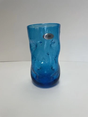 Blenko Art Glass Peacock Aqua Blue Pinch Crackle 6” Tumbler Vase W/Sticker Exc