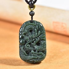 Natural Green Jade Carved Dragon Play Pearl Pendant Talisman Necklace Jewelry