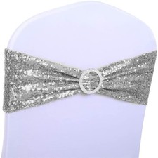 Pack of 100 Spandex Sequin Silver Chair Sashes for Wedding, Chairs Bands Buck...