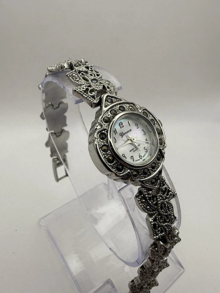 Винтажные женские часы Geneva серебро серый драгоценные камни красивый дизайн (новый аккумулятор) - Изображение 4 из 4
