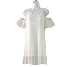 Sheinside Dress Lace Cream Small Short Sleeve Crochet Cold Shoulder Sheath Lined