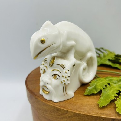 Antique 1922 Lorenz Hutschenreuther Selb Chameleon On Rock W Mask Of Wood Sprite