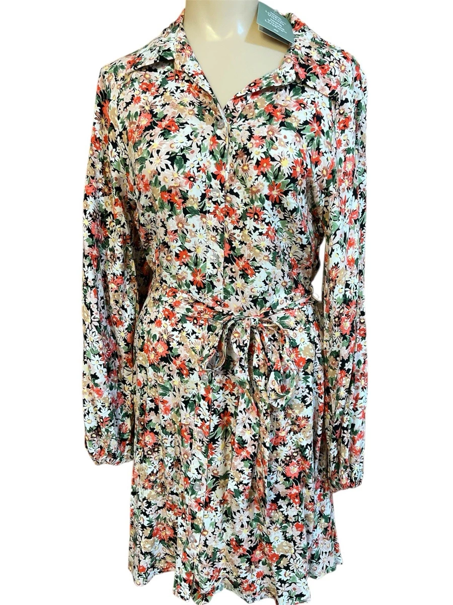 chinese dress ladies H&M Blue/Pink Floral Ruffle Neck Long Sleeve Smocked Cuff Dress NWT- Size S