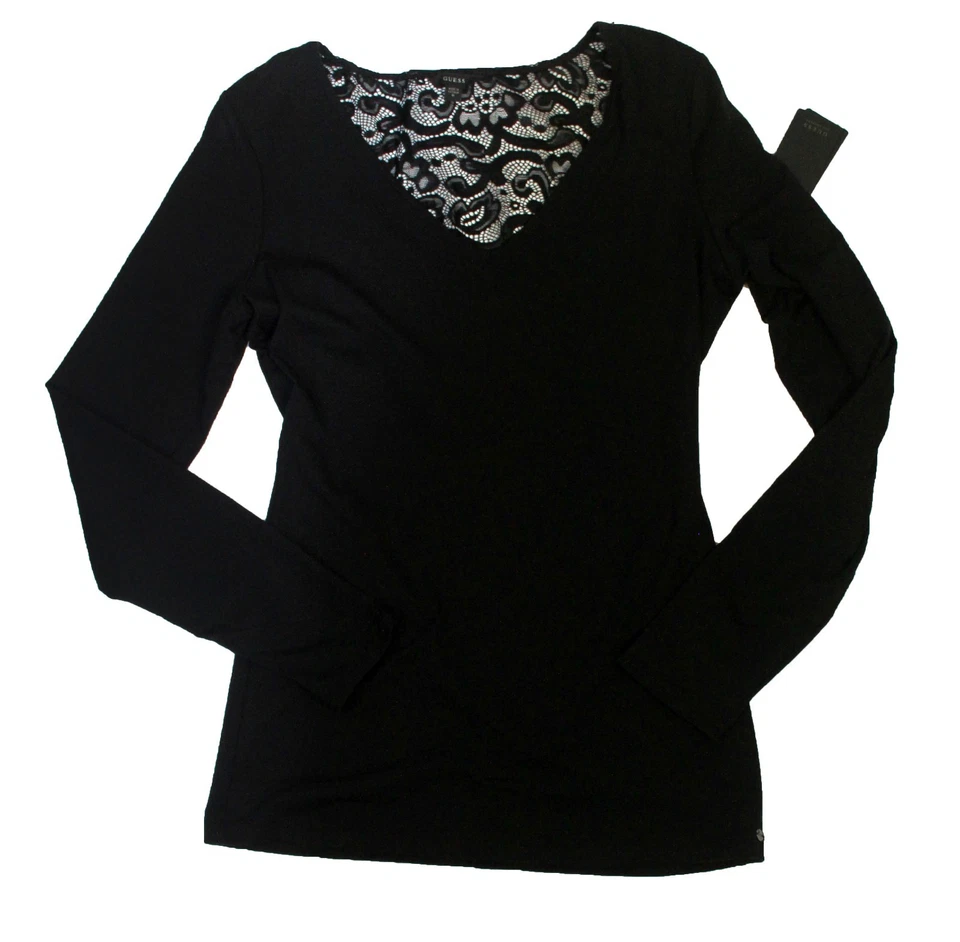 GUESS женщин длинным рукавом частичное открытие спины с кружевной акценты Топ, черный, M