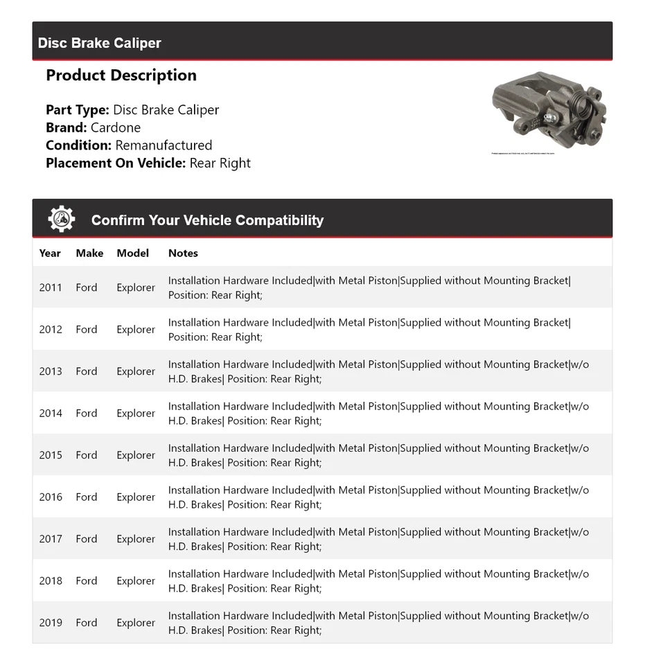 Pinza de freno de disco trasera derecha Cardone 2012 2013 2014 para Ford Explorer 2011-2019 Foto 2 de 4