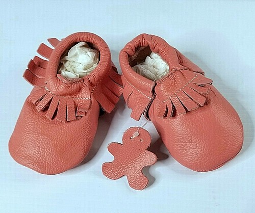 Infant Baby Moccasins Tassels Coral-Peach Leather Boy-Girl Shoe Size 6-12 Months - Picture 6 of 12
