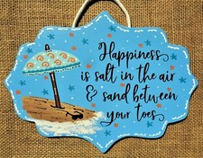 Happiness Beach SIGN Wall Plaque Summer Deck Porch Backyard Pool Patio Sand Sea