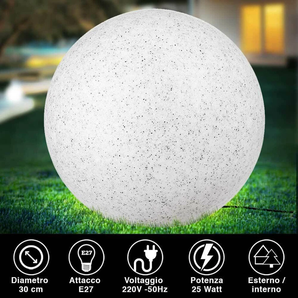 Lampada Sfera Giardino 30cm Luce Illuminazione Esterno Attacc E27 Effetto Pietra - Immagine 2 di 4