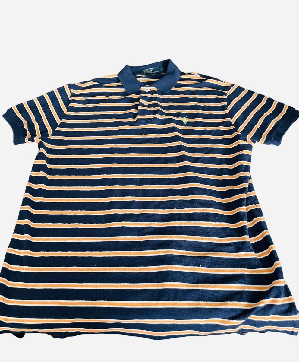 0072 Ralph Lauren Polo Shirt Mens Large Orange/Navy Striped Short