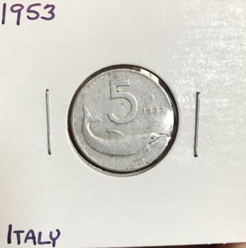 1953 Italy 5 Lire Dolphin Rudder Coin (C)