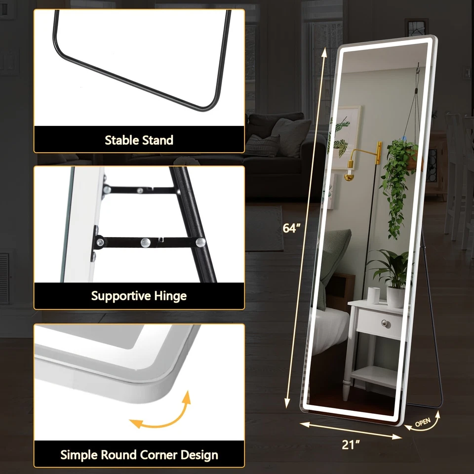 1pc 64"x21" Full-Length LED Standing Mirror adjustable light Stable stand - Image 3 of 4