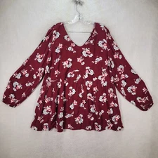 Lane Bryant Womens Top Plus Size 18 Burgundy Floral Flowy Boho Swing Blouse