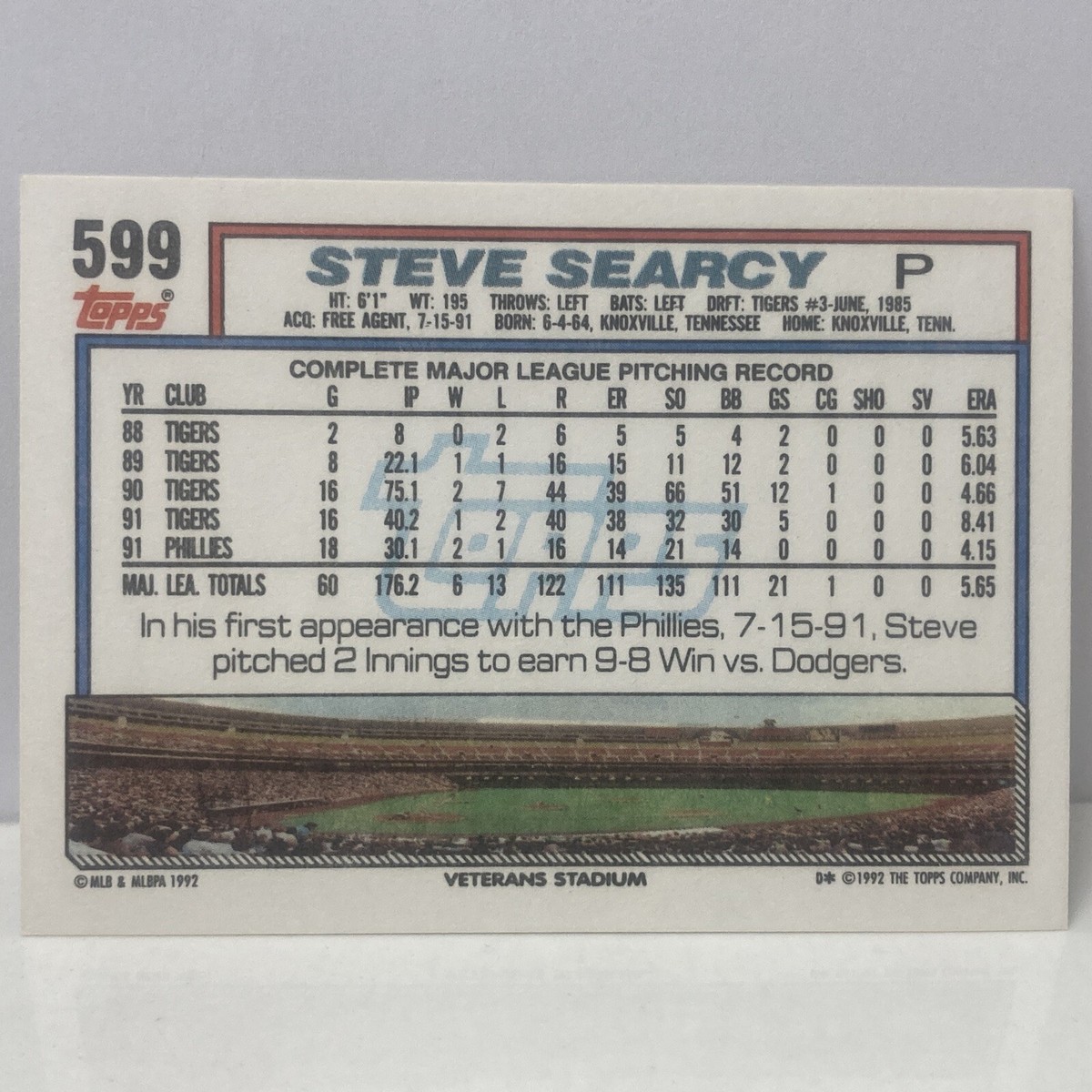 1992 Topps #599 Steve Searcy Phillies | eBay