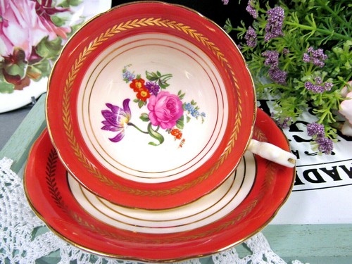 AYNSLEY Teetasse und Untertasse ORANGE und rosa Rose Teetasse niedrig Doris Form 20er - Bild 5 von 9