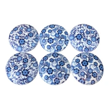 Set of 6 Blue Floral Wood Cabinet Knobs
