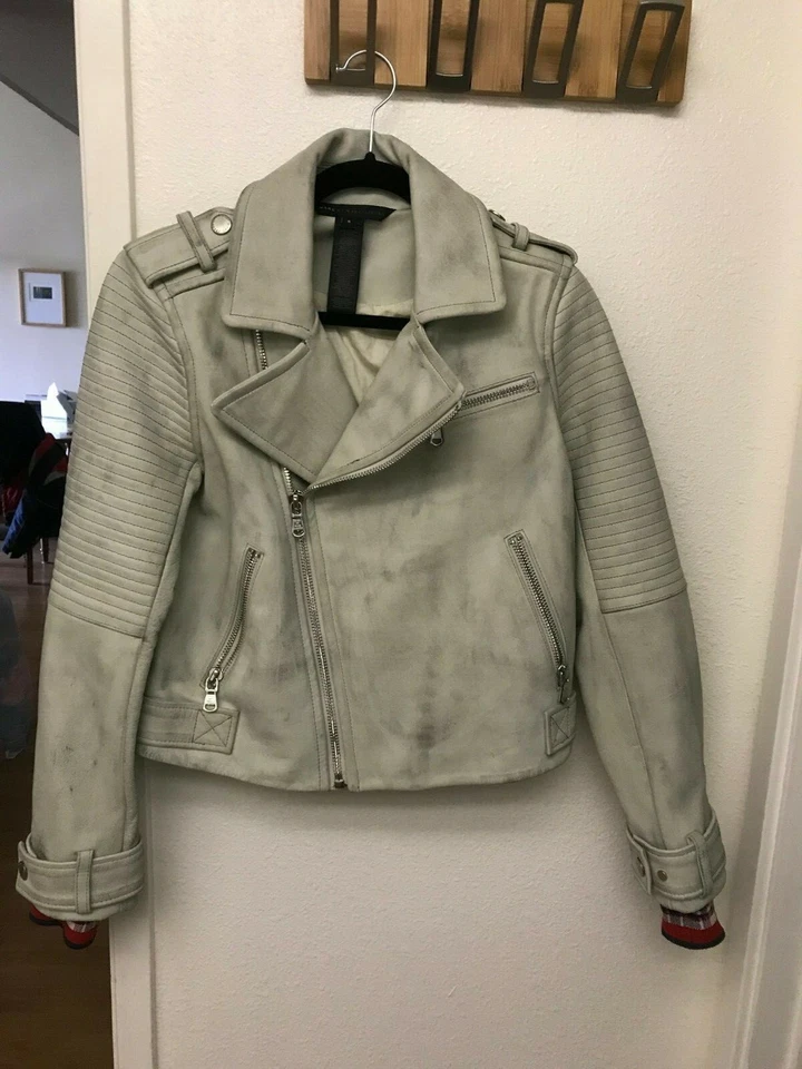 Jaqueta de motociclista Marc Jacobs cinza esbranquiçada couro desgastado S 4 6 - Imagem 3 de 4