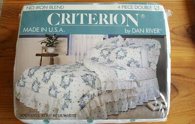 Vtg Dan River CRITERION 4 Piece Floral Double Sheet Set No Iron NEW Rose-blue/Wt