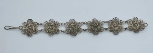 Antique Silver Filigree Flower Bracelet Made In Mexico 8-in Long