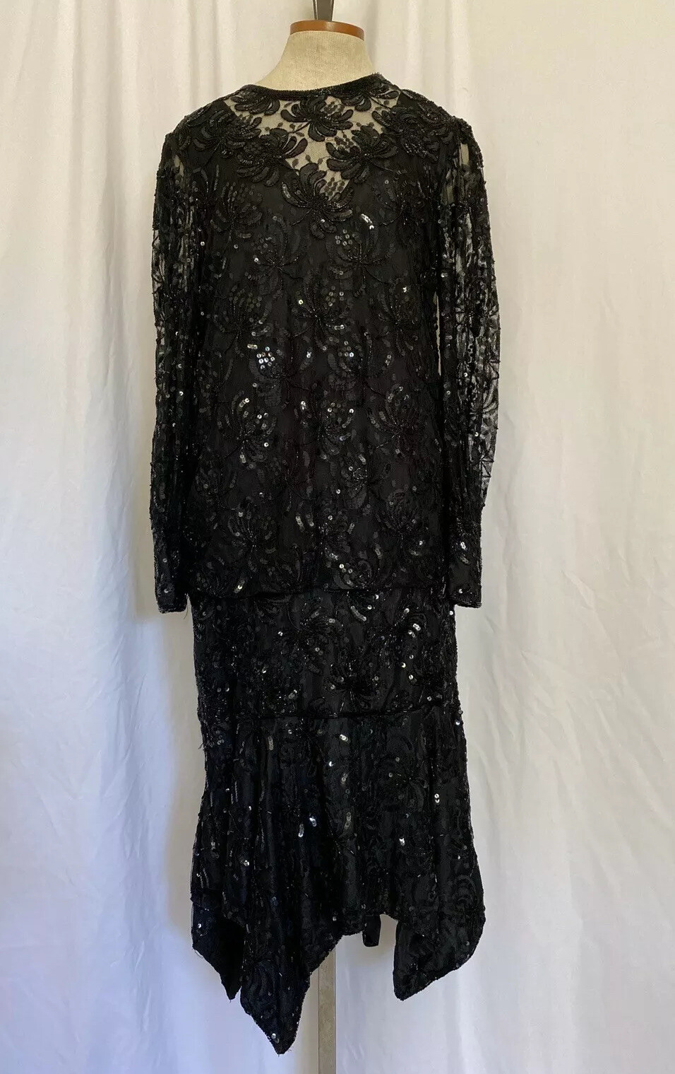 Judith Ann Creation Black Beaded Sequin Flapper Gown Dress Asymmetric Hem Small