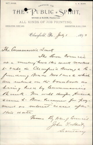 1893 Clearfield Pennsylvania (PA) Letter The Public Spirit Matt. Savage A. M. Bl