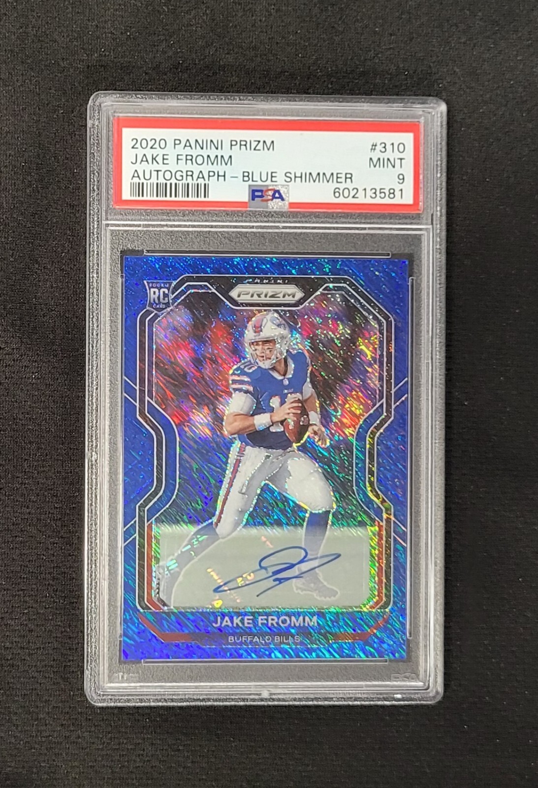 2020 Panini Prizm Jake Fromm FOTL Rookie Blue Shimmer Auto 06/25 PSA 9