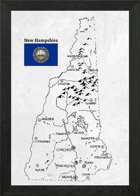 Hand Drawn Map of New Hampshire Framed Wall Art Poster Canvas Print Picture