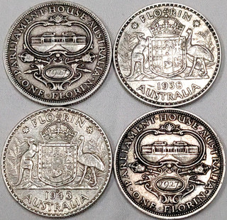 4 x King George V & VI Australia One Florin pre decimal silver coins