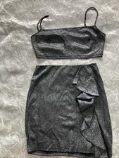 Femme Luxe Sparkly Silver Top + Skirt Elegant Ladies UK Size 10 Party MiniDress