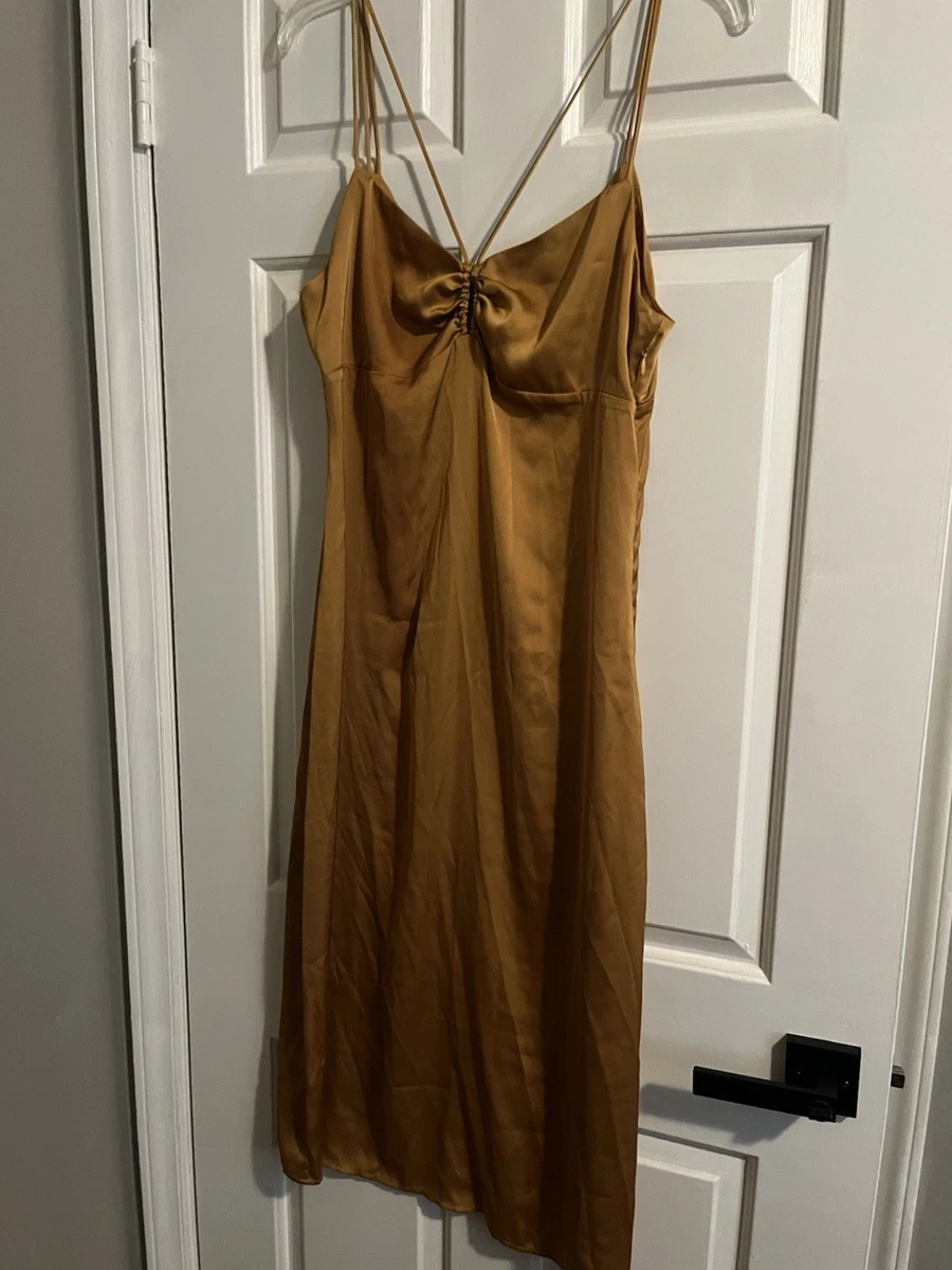 zara gold strappy dress Golden Zara Satin Dress Fashion Inspiration