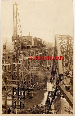 C1915 Unknown Location RPPC PHOTO ''Train Wreck Railroad Trestle Bridge Workers''