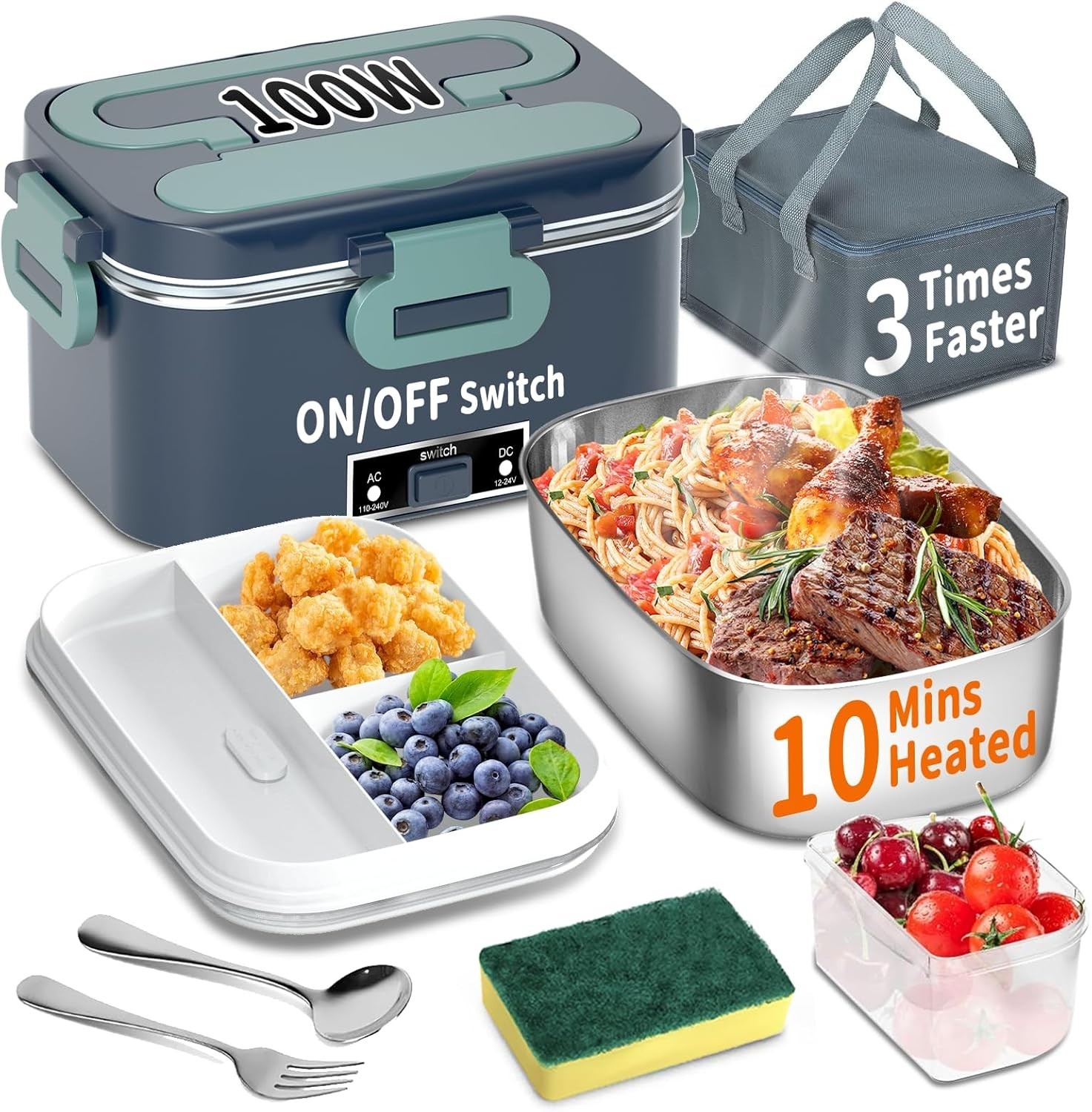 Portable 1.8L Electric Lunch Box - 3-in-1 Food Warmer for Home, Office & Car in Blue