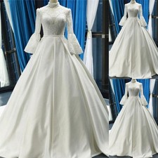 Elegant Muslim Wedding Dresses Long Sleeves Lace High Neck A Line Bridal Gowns