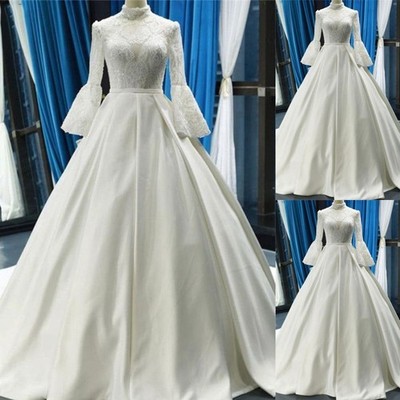 Elegant Muslim Wedding Dresses Long Sleeves Lace High Neck A Line Bridal Gowns