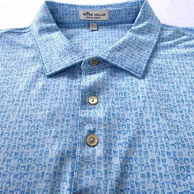 Peter Millar Summer Comfort Polo Shirt Men XL Blue Cocktail Print Golf UPF 50