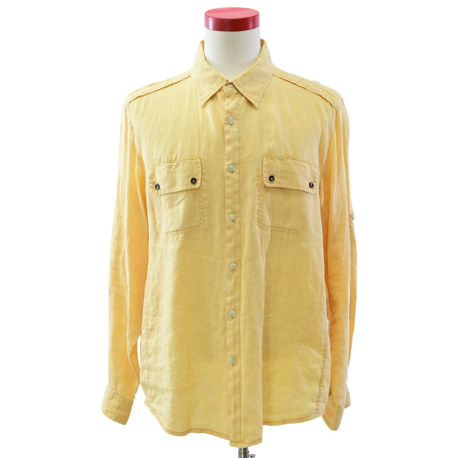Mens XL Tommy Bahama Yellow Linen Button Front Shirt Tonal Topstitching