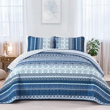 WONGS BEDDING Boho Quilt Set King Size Navy Blue 3 Pieces Microfiber Bedspread C