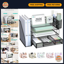 4-Tier Desktop File Organizer with Drawer Pen Holders - Office Desk Accessorie