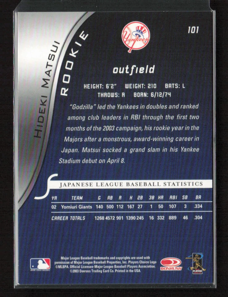 2003 Donruss Signature #101 Hideki Matsui New York Yankees Rookie NM - Image 2 of 2