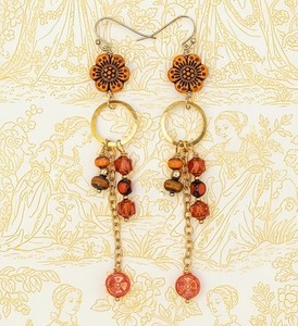 Authentic Bohemian Pumpkin Orange Cottagecore Floral Glass In Long Gold Plated Earrings