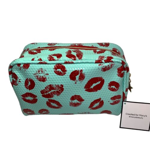 Cosmetic Travel Zippered Teal Kisses Lips Valentines Macys 6.5 X 7.5 Gold Star - 第 1/8 張圖片