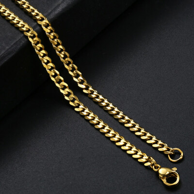 16''-36'' Stainless Steel Chain Mens Necklace Gold Plated Curb Cuban 3/5/7/9/11mm