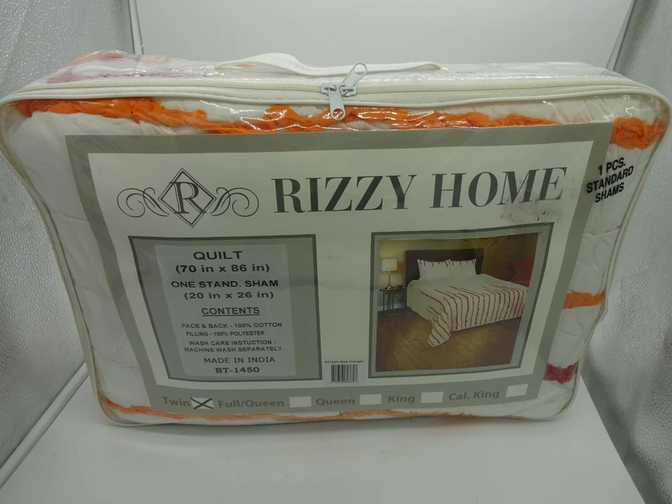 Rizzy Home 2 Pc Twin Quilt Bedding Set Red Orange White 70X86 in. Free Shipping - Image 2 of 3