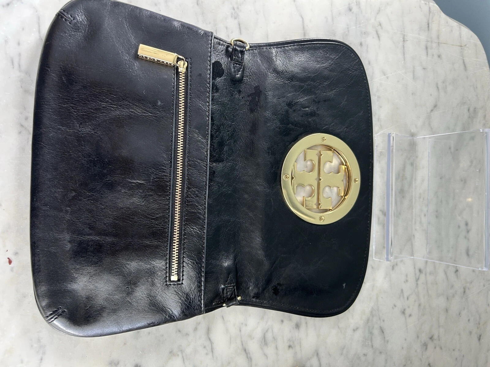 Borsa Tory Burch Reva in pelle nera staccabile catena oro tracolla pochette