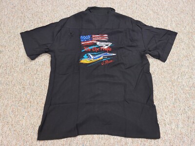 J Rowe Shirt Men Large Black Hawaiian Button Up Flag Back Embroidery Loop Collar
