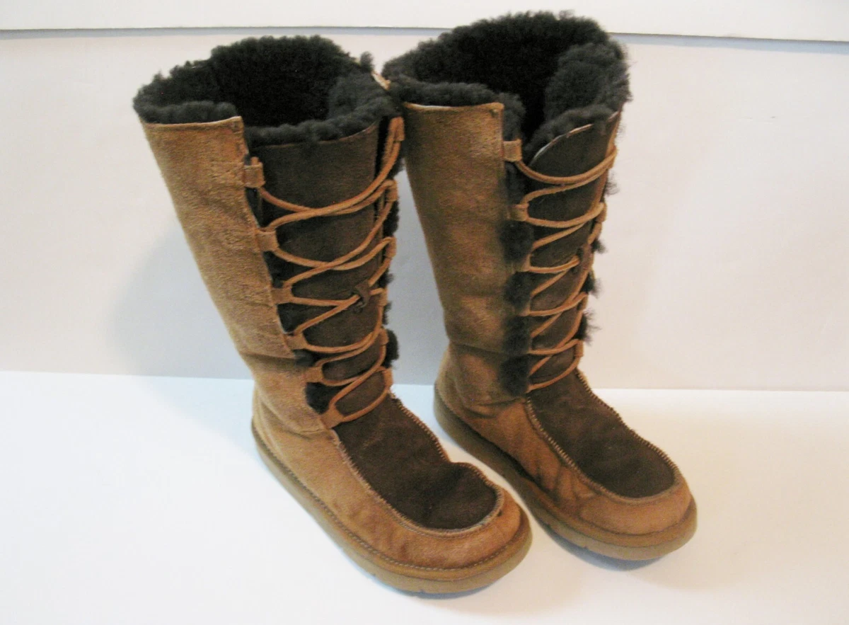 UGG Australia Womens Whitley Boots Brown Sheepskin Leather Laceup 5230 Size US 6